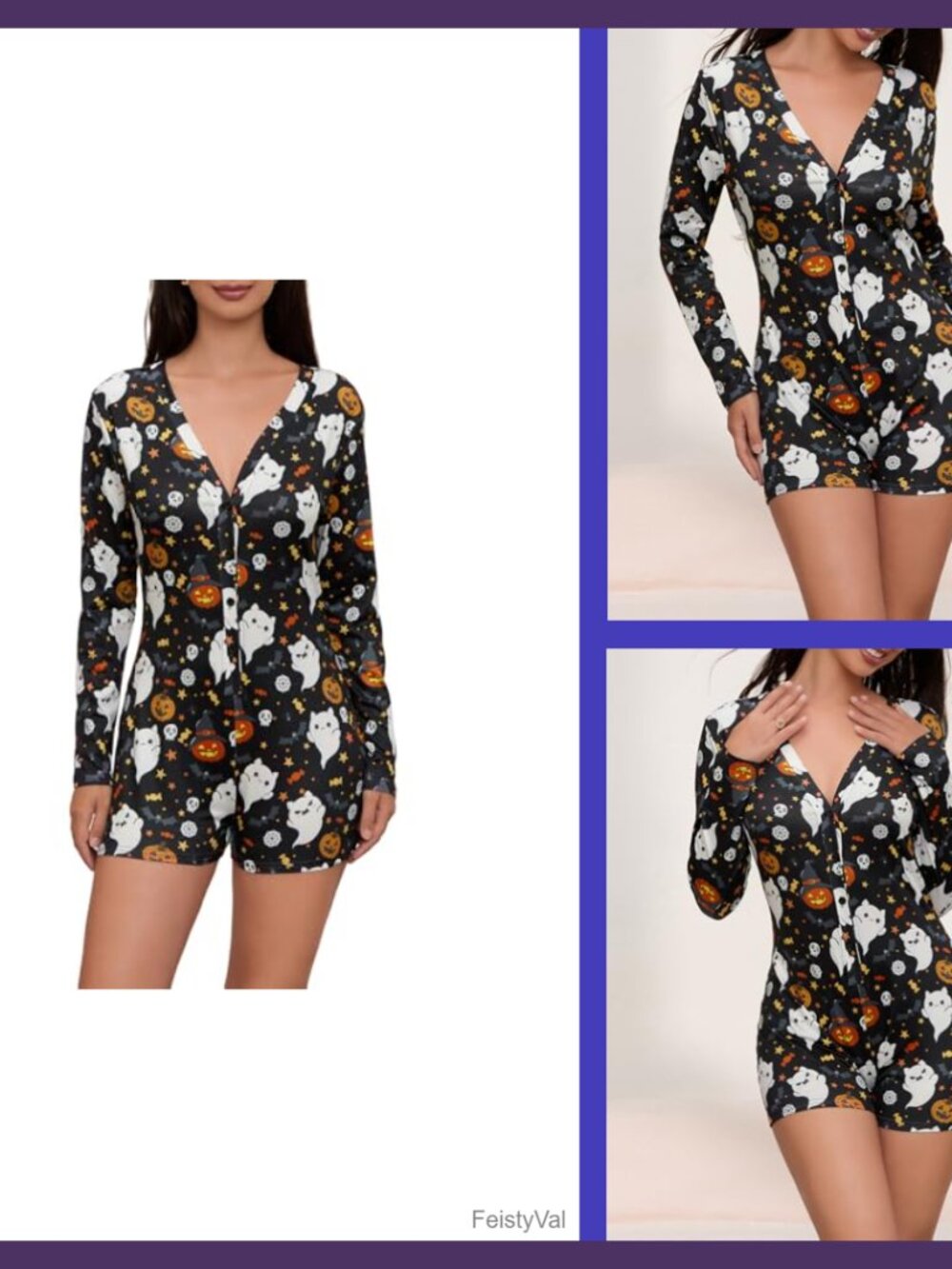 Women's Halloween One Piece Pajamas V Neck Long Sleeve Shorts Bodycon Jumpsuit
